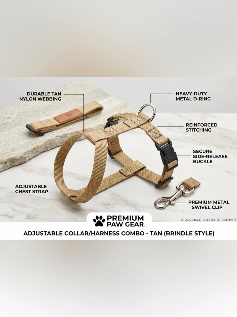 Premium Paw Gear Tan Adjustable Dog Harness/Collar Combo - Like New